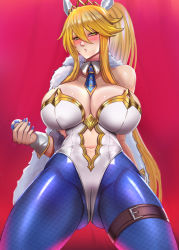 Rule 34 | 1girl, animal ears, artoria pendragon (all), artoria pendragon (fate), artoria pendragon (swimsuit ruler) (fate), badcompzero, blonde hair, blue nails, blue neckwear, blue pantyhose, braid, breasts, clothing cutout, detached collar, fake animal ears, fate/grand order, fate (series), feather boa, fishnet pantyhose, fishnets, french braid, green eyes, highleg, highleg leotard, highres, large breasts, leotard, nail polish, navel, navel cutout, pantyhose, playboy bunny, poker chip, rabbit ears, red background, sidelocks, solo, white leotard, wrist cuffs