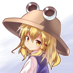 1girl blonde_hair expressionless female_focus gradient_background hair_ribbon hat long_sleeves looking_at_viewer looking_back moriya_suwako ribbon ryogo sidelocks simple_background solo touhou upper_body vest yellow_eyes