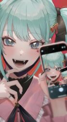 Rule 34 | 1girl, aqua hair, bandaid, bandaid on neck, black mask, black nails, black ribbon, blue eyes, cellphone photo, commentary, facial mark, fangs, hair ornament, hair ribbon, hatsune miku, heart, heart facial mark, heart hair ornament, highres, holding, holding phone, jewelry, jyugomio, long hair, looking at viewer, mask, mask pull, mouth mask, open mouth, phone, pink shirt, red background, ribbon, ring, shirt, solo, teeth, vampire, vampire (vocaloid), vocaloid