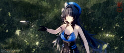 Rule 34 | 1girl, armlet, artist logo, bare arms, bare shoulders, black gloves, black hair, black sash, blue hat, blue shirt, bow, breasts, chinese commentary, cleavage, cleavage cutout, clothing cutout, collarbone, commentary, facial mark, falling feathers, feather hair, feathers, forehead mark, from above, gloves, grass, grey bow, hair intakes, halterneck, hat, hat bow, highres, long hair, making-of available, meadow, medium breasts, outstretched arm, parted hair, sash, shirt, smile, solo, watermark, web address, wuthering waves, yangyang (wuthering waves), yellow eyes, yibai