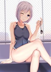 Rule 34 | 1girl, blue eyes, blue one-piece swimsuit, breasts, chain-link fence, closed mouth, collarbone, competition swimsuit, crossed legs, fence, goggles, grey hair, hair ornament, hairclip, hamakaze (kancolle), highres, holding, holding goggles, kantai collection, kitsune udon (ai br), one-piece swimsuit, one eye closed, short hair, sitting, smile, solo, swimsuit