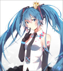 Rule 34 | 1girl, aqua eyes, aqua hair, bad id, bad pixiv id, black gloves, crown, elbow gloves, finger to mouth, gloves, hakusai (tiahszld), hatsune miku, headset, long hair, looking at viewer, mini crown, necktie, revision, solo, twintails, upper body, very long hair, vocaloid, white background