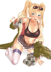 Rule 34 | 10s, 1girl, absurdres, beer can, black skirt, blonde hair, blue eyes, blush, breasts, can, cleavage, drink can, drunk, eyewear on head, granblue fantasy, hair ornament, hairband, highres, kneeling, long hair, looking at viewer, midriff, miniskirt, navel, open mouth, pm tii (matuko1024), skirt, solo, sunglasses, thighhighs, thighs, twintails, wavy mouth, white thighhighs, zeta (dark) (granblue fantasy), zeta (granblue fantasy)