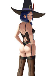 Rule 34 | 10s, 1girl, alternate costume, ass, blue hair, carlo montie, from behind, garter straps, glasses, hands on own hips, hat, highres, little witch academia, looking back, red eyes, simple background, solo, thighhighs, ursula callistis, white background, witch hat