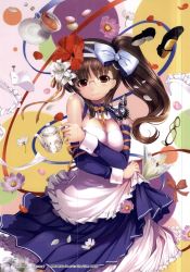 Rule 34 | 1girl, apron, breasts, brown hair, bug, butterfly, character request, cleavage, cup, detached sleeves, dress, flower, food, frilled apron, frills, glasses, hair flower, hair ornament, hair ribbon, hibiscus, highres, holding, insect, jpeg artifacts, large breasts, lily (flower), looking at viewer, macaron, maid headdress, mary janes, mikazuki akira!, petals, petticoat, red eyes, ribbon, rimless eyewear, scan, scan artifacts, shoes, side ponytail, skirt hold, smile, solo, strapless, strapless dress, sugar cube, teacup, waist apron, wrist cuffs