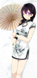 Rule 34 | 1girl, ;), absurdres, bad id, bad pixiv id, beifeng han, black hair, blush, bracelet, breasts, china dress, chinese clothes, cleavage, cleavage cutout, closed mouth, clothing cutout, cowboy shot, dress, earrings, floral print, glowing, hair between eyes, highres, holding, holding umbrella, jewelry, large breasts, long hair, looking at viewer, miyaura sanshio, nail polish, oil-paper umbrella, one eye closed, original, purple eyes, short dress, short sleeves, side slit, smile, solo, umbrella