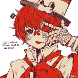 Rule 34 | 1boy, black eyes, coat, english text, fukase, hat, heterochromia, highres, looking at viewer, male focus, mini flag, mismatched sclera, nufisu, red hair, simple background, solo, tongue, tongue out, top hat, vocaloid, white background, white coat