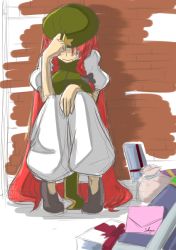 Rule 34 | 1girl, bakuya, commentary request, embarrassed, female focus, gift, hat, hong meiling, long hair, red hair, sitting, solo, embodiment of scarlet devil, touhou