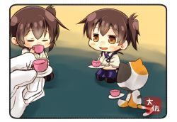 Rule 34 | 10s, 2girls, :d, admiral (kancolle), artist name, black legwear, blue hakama, brown eyes, brown hair, cat, commentary request, cup, drinking, dual persona, hair between eyes, hakama, hakama skirt, highres, holding, holding cup, holding plate, japanese clothes, kaga (kancolle), kantai collection, kneeling, mini person, minigirl, multiple girls, open mouth, plate, short hair, side ponytail, skirt, smile, stuffed animal, stuffed toy, taisa (kari), tasuki, tea party, teacup, thighhighs
