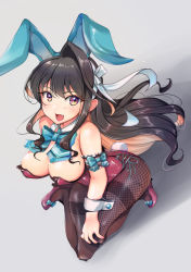 Rule 34 | 1girl, absurdres, alternate costume, animal ears, aqua bow, aqua bowtie, black hair, blush, borrowed design, bow, bowtie, breasts, brown pantyhose, colored inner hair, detached collar, fake animal ears, fake tail, fang, fishnet pantyhose, fishnets, from above, gradient background, grey background, hair down, hairband, high heels, highres, kantai collection, large breasts, leotard, long hair, looking at viewer, looking up, multicolored hair, naganami (kancolle), naganami kai ni (kancolle), open mouth, pantyhose, pink hair, playboy bunny, purple leotard, rabbit ears, rabbit tail, shadow, side-tie leotard, smile, solo, strapless, strapless leotard, tail, two-tone hair, wavy hair, white hairband, wrist cuffs, yashin (yasinz)
