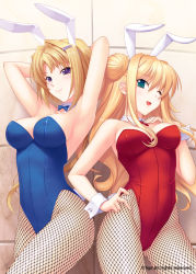 Rule 34 | 2girls, ;d, animal ears, armpits, arms behind head, bare shoulders, blonde hair, bow, bowtie, breasts, cleavage, detached collar, ellen aice, fake animal ears, fishnet pantyhose, fishnets, green eyes, hair ornament, hairclip, hand on own hip, himukai kyousuke, hip focus, lilia kjellberg, long hair, multiple girls, muv-luv, muv-luv alternative, one eye closed, open mouth, pantyhose, playboy bunny, purple eyes, rabbit ears, smile, source request, wavy hair, wink, wrist cuffs