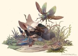 Rule 34 | animal, animal focus, artist name, beetle, black cloak, blue eyes, bug, carapace, cloak, clothed animal, dagger, day, from side, full body, grass, highres, holding, holding dagger, holding knife, holding weapon, insect, jewelry, knife, mouse (animal), murayama ryota, no humans, original, outdoors, pendant, plant, quiver, running, signature, weapon, weapon on back, yellow background