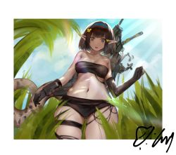 Rule 34 | 1girl, :o, arknights, asymmetrical gloves, bandeau, bare shoulders, black gloves, black hair, black panties, blue eyes, blue hairband, blue sky, breasts, chinese commentary, commentary request, cowboy shot, day, eunectes (arknights), gloves, grass, hairband, highres, looking at viewer, midriff, navel, open mouth, outdoors, panties, pointy ears, short hair, sky, small breasts, solo, standing, stomach, strapless, thigh strap, thighs, tube top, ufoliving, underwear, uneven gloves
