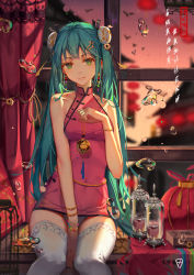 Rule 34 | 1girl, 7lark, aqua hair, bracelet, breasts, china dress, chinese clothes, chinese text, double bun, dress, earrings, green eyes, hatsune miku, jewelry, lantern, long hair, looking at viewer, microdress, panties, pantyshot, sitting, sleeveless, sleeveless dress, smile, solo, thighhighs, twintails, underwear, very long hair, vocaloid, white hair, white panties