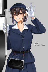 Rule 34 | 1girl, alternate costume, alternate hairstyle, bag, black hair, blue hat, blue skirt, breasts, buttons, commentary request, gloves, grey background, grin, hair between eyes, hair up, hand on headwear, hat, highres, kantai collection, large breasts, long sleeves, looking at viewer, machi (ritovoyage), nagato (kancolle), pleated skirt, red eyes, simple background, skirt, smile, solo, translated, twitter username, uniform, white gloves