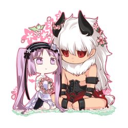 Rule 34 | 1boy, 1girl, asterios (fate), barefoot, bird, chain, dress, euryale (fate), fate/grand order, fate/hollow ataraxia, fate (series), flower, hairband, horns, long hair, lowres, open mouth, purple eyes, purple hair, red eyes, twintails, very long hair, white hair
