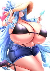 Rule 34 | 1girl, absurdres, bikini, black bikini, blue hair, breasts, cowboy shot, denim, denim shorts, doinaka, eyelashes, female focus, food, gigantic breasts, hat, highres, kotonoha aoi, long hair, looking at viewer, micro bikini, navel, o-ring, o-ring bikini, open mouth, popsicle, red eyes, shiny skin, shorts, solo, standing, sweat, swimsuit, thick thighs, thighs, tongue, underboob, very long hair, voiceroid, w arms, white background, wide sleeves