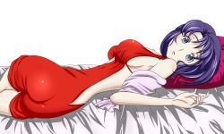 Rule 34 | 1girl, ass, backless dress, backless outfit, bare back, bare shoulders, blue eyes, breasts, cecile croomy, code geass, dress, evening gown, female focus, highres, large breasts, long hair, looking at viewer, looking back, lying, no bra, purple hair, red dress, sideboob, simple background, solo, tobeko (tobetobe), tobetobe, white background