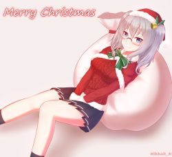 Rule 34 | 10s, 1girl, bad id, bad pixiv id, blue eyes, breasts, female focus, glasses, highres, kantai collection, kashima (kancolle), large breasts, merry christmas, mikhail n, miniskirt, santa costume, silver hair, skirt, smile, socks, two side up, wavy hair
