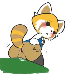 Rule 34 | 10s, 1girl, aggressive retsuko, animal ears, anus, ass, black eyes, black thighhighs, blue vest, blush, cleft of venus, crotch rub, female focus, female masturbation, furry, furry female, leaning forward, long sleeves, masturbation, panda ears, pussy, pussy juice, retsuko, shirt, solo, standing, table, table humping, tail, thighhighs, transparent background, uncensored, vest, vono (voon), white shirt