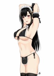 Rule 34 | 1girl, arm garter, armpits, arms up, bare shoulders, bikini, black bikini, black bra, black hair, black thighhighs, bra, breasts, cleavage, cowboy shot, detached collar, earrings, frills, front-tie top, groin, highres, jewelry, jpeg artifacts, lace, lace-trimmed bra, lace-trimmed legwear, lace trim, long hair, looking at viewer, maid, maid bikini, maid headdress, medium breasts, navel, naye (xter), open mouth, original, panties, red eyes, side-tie panties, simple background, solo, standing, stomach, stud earrings, swimsuit, thighhighs, thighs, tongue, tongue out, unconventional maid, underwear, white background, wrist cuffs, xter