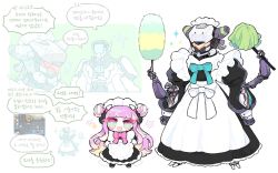 Rule 34 | 1girl, 2boys, alternate costume, apron, aqua bow, aqua bowtie, arms at sides, back bow, black dress, black footwear, blonde hair, blue eyes, blunt bangs, bow, bowtie, chibi, clothed robot, coat, coat on shoulders, crossdressing, crossed arms, double bun, dress, duster, extra arms, eye contact, facial mark, fang, flat chest, frilled apron, frills, full body, green eyes, hair bun, hands on own hips, hands up, happy, headgear, holding, holding duster, humanoid robot, island79 7, jpeg artifacts, juliet sleeves, korean text, legs apart, long hair, long sleeves, looking at another, looking back, maid, maid apron, maid headdress, multicolored eyes, multicolored hair, multiple boys, multiple views, notice lines, official alternate costume, open mouth, orange eyes, pink bow, pink bowtie, pink hair, puffy sleeves, red eyes, regis (world flipper), robot, sash, shoes, smile, sparkle, speech bubble, standing, star (symbol), streaked hair, sweatdrop, talking, text focus, translation request, twink (world flipper), two-tone hair, white apron, white coat, world flipper, zantetsu (world flipper)