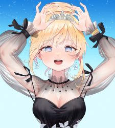 Rule 34 | 1girl, absurdres, black dress, blonde hair, blue eyes, breasts, chen yang yang, cleavage, dress, earrings, hair bun, highres, hololive, hololive english, jewelry, long hair, mole, mole on breast, open mouth, see-through, single hair bun, smile, solo, tiara, virtual youtuber, watson amelia, watson amelia (party dress)