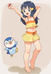 Rule 34 | 1girl, :d, alternate costume, armpits, arms up, barefoot, bikini, blue eyes, blue hair, breasts, child, chiwino, cleavage, collarbone, commentary request, creatures (company), crop top, dawn (pokemon), eyelashes, female focus, flat chest, full body, game freak, gen 4 pokemon, grey background, highres, legs, long hair, midriff, navel, nintendo, open mouth, orange bikini, orange skirt, orange tank top, piplup, poke ball, pokemon, pokemon (anime), pokemon dp047, pokemon dppt (anime), shadow, shiny skin, skirt, small breasts, smile, solo, swimsuit, tank top, thighs, toes, two-tone skirt, yellow bikini, yellow skirt, yellow tank top