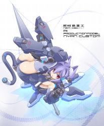 Rule 34 | 1girl, alternate color, animal ears, ass, black one-piece swimsuit, cat ears, densou tenshi valforce, elbow gloves, gauntlets, gloves, hair intakes, hairpods, huge weapon, kannagi ai, karukan (monjya), kemonomimi mode, lance, mechanical tail, one-piece swimsuit, polearm, purple hair, red eyes, short hair, solo, swimsuit, tail, thighhighs, thrusters, upside-down, weapon, white thighhighs