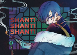 Rule 34 | 1boy, bead necklace, beads, blue eyes, blue hair, evil smile, fur trim, hat, jacket, jewelry, kaito (vocaloid), kiseru, looking at viewer, looking back, male focus, melkan, necklace, smoking pipe, shanti (vocaloid), smile, smoke, solo, vocaloid