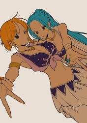 Rule 34 | 2girls, alabasta, armband, armpits, black eyes, blowing, blowing kiss, blue hair, breasts, cleavage, collarbone, cowboy shot, dancer, dutch angle, earrings, eyelashes, front-tie bra, gold necklace, grey background, harem outfit, jewelry, large breasts, long hair, looking at viewer, midriff, multiple girls, nail polish, nami (one piece), navel, necklace, nefertari vivi, numata (oioioioiai), o3o, one piece, orange hair, parted bangs, ponytail, puckered lips, short hair, simple background, tareme, v, white background