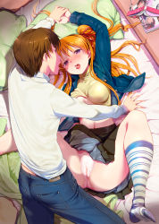 Rule 34 | 1boy, 1girl, absurdres, after kiss, arm up, black skirt, blue jacket, breasts, brown eyes, brown hair, clothes lift, denim, denim jacket, eye contact, from above, futon, hair ribbon, hetero, highres, holding hands, indoors, jacket, jeans, kanon, kneehighs, long hair, long sleeves, looking at another, lying, manga (object), medium breasts, mikazuki akira!, miniskirt, on back, open mouth, orange hair, panties, pants, pillow, pleated skirt, purple eyes, red ribbon, ribbon, saliva, saliva trail, sawatari makoto, shirt, skirt, skirt lift, socks, spread legs, stained panties, striped clothes, striped socks, sweater, sweater lift, thighs, tongue, tongue out, underwear, white panties, white shirt, yellow sweater