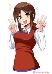 Rule 34 | 1girl, blouse, blush, breasts, brown eyes, brown hair, collared shirt, double v, hair ribbon, holly (monster farm), long hair, looking at viewer, medium breasts, monster farm, open mouth, parted bangs, ponytail, ribbon, shirt, simple background, smile, solo, suzuna (najaran), v, white background, white shirt