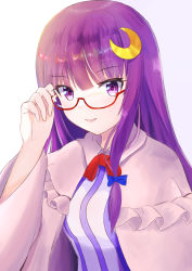Rule 34 | 1girl, adjusting eyewear, bespectacled, blunt bangs, blush, bow, breasts, capelet, crescent, crescent hair ornament, dress, glasses, hair ornament, highres, komori hiki16, light smile, long hair, long sleeves, looking at viewer, no headwear, patchouli knowledge, purple eyes, purple hair, red-framed eyewear, red bow, red ribbon, ribbon, solo, striped, teeth, touhou, upper body, white background