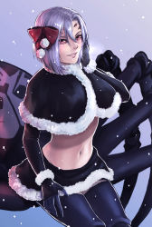Rule 34 | 1girl, arachne, arthropod girl, black capelet, black gloves, black skirt, bow, breath, capelet, commentary, elbow gloves, extra eyes, female focus, fingerless gloves, fur-trimmed capelet, fur-trimmed skirt, fur trim, gloves, grey background, hair between eyes, hair bow, highres, insect girl, looking at viewer, midriff, monster girl, monster musume no iru nichijou, navel, parted lips, rachnera arachnera, red bow, red eyes, short hair, silver hair, simple background, skirt, smile, snowing, solo, spider girl, stomach, taur, zakirsiz