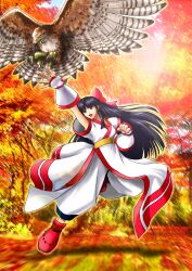 Rule 34 | 1girl, ainu clothes, arm up, armpit peek, black hair, blue eyes, breasts, clenched hand, fingerless gloves, gloves, hair ribbon, highres, leg lift, leg up, legs, long hair, mamahaha, medium breasts, nakoruru, open mouth, outstretched arm, pants, ribbon, samurai spirits, snk, solo, the king of fighters, thighs, very long hair, westmaison