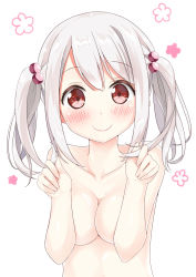 Rule 34 | 1girl, blush, breasts, cleavage, collarbone, covering privates, covering breasts, hair bobbles, hair ornament, twirling hair, highres, karutamo, long hair, looking at viewer, medium breasts, nude, original, red eyes, silver hair, smile, solo, tisshu (karutamo), twintails, upper body