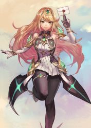 Rule 34 | 1girl, absurdres, bare shoulders, black pantyhose, blonde hair, breasts, chest jewel, commentary request, dress, duplicate, earrings, elbow gloves, full body, gem, gloves, headpiece, highres, huge filesize, jewelry, large breasts, long hair, looking at viewer, mythra (massive melee) (xenoblade), mythra (xenoblade), nintendo, pantyhose, short dress, smash invitation, smile, solo, super smash bros., suru (seiya), swept bangs, thigh strap, tiara, very long hair, white dress, white gloves, xenoblade chronicles (series), xenoblade chronicles 2, yellow eyes