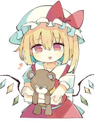 Rule 34 | 1girl, ascot, baron (x5qgeh), blonde hair, bow, colored inner hair, crystal, flandre scarlet, hair between eyes, hat, heart, looking at viewer, mob cap, multicolored hair, one side up, open mouth, puffy short sleeves, puffy sleeves, red bow, red eyes, red skirt, red vest, shirt, short hair, short sleeves, side ponytail, skirt, skirt set, solo, stuffed animal, stuffed toy, teddy bear, touhou, upper body, vest, waist bow, white background, white hat, white shirt, wings