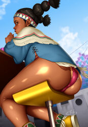 Rule 34 | 1girl, ass, brown eyes, cloud, dark-skinned female, dark skin, headband, lily hawk, lips, looking at viewer, looking back, medium hair, micro shorts, pink shorts, shiny skin, shiory, shorts, side slit, sitting, sky, street fighter, street fighter 6, thighs, two side up, yellow footwear