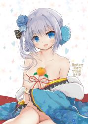 Rule 34 | 1girl, 2019, :d, anshinmama, bare shoulders, blue eyes, blue flower, blue rose, blush, braid, breast hold, breasts, cleavage, collarbone, flower, food, food on body, food on breasts, fruit, gloves, groin, hair flower, hair ornament, happy new year, head tilt, heart, highres, japanese clothes, kimono, large breasts, long hair, long sleeves, looking at viewer, magia record: mahou shoujo madoka magica gaiden, mahou shoujo madoka magica, mandarin orange, naked kimono, new year, one breast out, one side up, open clothes, open kimono, open mouth, oppai mochi, purple hair, ribbon, rose, sitting, skindentation, smile, solo, tareme, white background, white gloves, wide sleeves, yakumo mitama, yakumo mitama (haregi ver.)