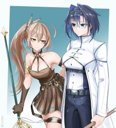 Rule 34 | absurdres, arm strap, armlet, belt buckle, bespectacled, blue eyes, blue hair, buckle, choker, cosplay, evil smile, feather hair ornament, feathers, glasses, gloves, hair intakes, hair ornament, highres, hololive, hololive english, land (sousou no frieren), long hair, multicolored hair, multiple girls, nanashi mumei, o-ring, o-ring choker, ouro kronii, robe, short hair, side ponytail, single glove, smile, the raineman, thigh strap, ubel (sousou no frieren), ubel (sousou no frieren) (cosplay), virtual youtuber