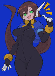 Rule 34 | 1girl, absurdres, aile (mega man zx), bodysuit, breasts, buzzlyears, curvy, highres, index finger raised, large breasts, long hair, mega man zx advent, ponytail, solo