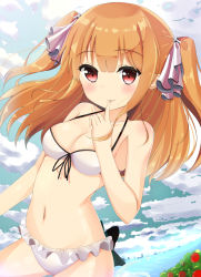 Rule 34 | 1girl, bikini, blush, breasts, brown hair, cleavage, day, finger to mouth, frilled bikini, frills, long hair, looking at viewer, medium breasts, navel, original, red eyes, sky, smile, solo, swimsuit, takapii, twintails, two side up, water, white bikini