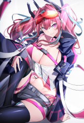 Rule 34 | 1girl, absurdres, arm support, azarashi (azrsot), azur lane, bikini, bikini under clothes, black choker, black shorts, blue jacket, bow, breast press, breasts, bremerton (azur lane), choker, closed mouth, collarbone, commentary, ear piercing, eyewear on head, goggles, goggles on head, grey hair, hair between eyes, hair bow, hair ornament, hairclip, highres, jacket, large breasts, long hair, looking at viewer, multicolored hair, piercing, pink bikini, pink eyes, pink hair, see-through, short shorts, shorts, sitting, smile, solo, streaked hair, sunglasses on head, swimsuit, thighs, twintails, two-tone hair, two-tone shirt, x hair ornament
