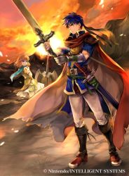 Rule 34 | 1boy, 1girl, axe, belt, blue eyes, blue hair, boots, brother and sister, brown hair, cape, closed mouth, company name, copyright name, fire emblem, fire emblem: path of radiance, fire emblem cipher, flower, from side, green headband, headband, holding, holding sword, holding weapon, ike (fire emblem), looking to the side, mist (fire emblem), nintendo, official art, outdoors, petals, red cape, scabbard, sheath, sheathed, short hair, short sleeves, siblings, sky, sword, wada sachiko, weapon