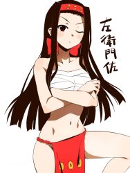 Rule 34 | 10s, 1girl, blush, bow, brown eyes, brown hair, character name, crossed arms, fundoshi, girls und panzer, hair bow, headband, japanese clothes, leg up, long hair, looking at viewer, navel, one eye closed, parted lips, red bow, red headband, saemonza (girls und panzer), sarashi, simple background, solo, standing, tsunosame, white background