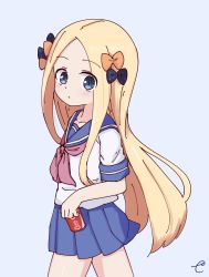 Rule 34 | 1girl, abigail williams (fate), alternate costume, black bow, blonde hair, blue background, blue eyes, blue sailor collar, blue skirt, blush, bow, can, closed mouth, commentary request, fate/grand order, fate (series), forehead, hair bow, highres, holding, holding can, kujou karasuma, long hair, looking at viewer, orange bow, parted bangs, pleated skirt, polka dot, polka dot bow, sailor collar, school uniform, serafuku, shirt, short sleeves, signature, simple background, skirt, solo, very long hair, white shirt