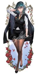 Rule 34 | 1girl, alternate costume, aqua hair, arm behind head, arm up, black gloves, black jacket, black skirt, black vest, blue eyes, brown necktie, buttons, byleth (female) (fire emblem), byleth (fire emblem), character name, collared shirt, commentary, earrings, english commentary, fire emblem, fire emblem: three houses, flower, formal, full body, gloves, hanny (uirusu chan), highres, jacket, jacket on shoulders, jewelry, looking to the side, medium hair, necktie, nintendo, pantyhose, red flower, red rose, rose, shirt, shoes, skirt, skirt suit, smile, solo, standing, suit, vest, white background, white shirt