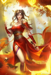 Rule 34 | 1girl, absurdres, artist request, bare shoulders, brown hair, bug, butterfly, chi lian (qin shi ming yue), dress, falling leaves, hand up, highres, holding, holding whip, insect, leaf, light particles, looking at viewer, medium hair, multi-tied hair, off-shoulder dress, off shoulder, parted lips, qinshi mingyue, red dress, sash, second-party source, solo, tree, weapon, whip sword